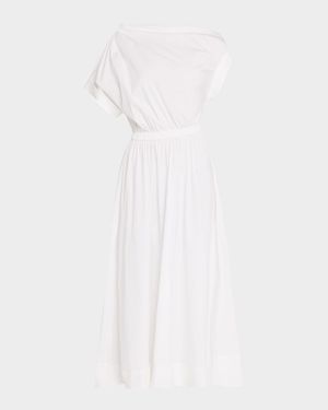 Short-Sleeve Draped Shoulder Midi Dress