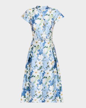 Martine Pleated Floral-Print Mikado Midi Dress