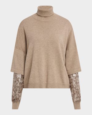Cashmere Turtleneck Sweater with Sheer Sequined Sleeves