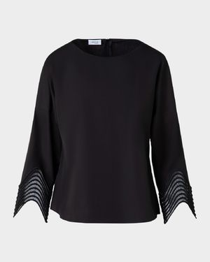 Waved Lace Cuffs Cotton Poplin Blouse