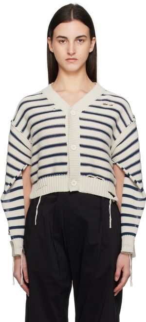 MM6 Maison Margiela Off-White & Navy V-Neck Cardigan
