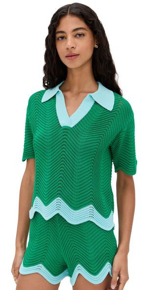 English Factory Scallop Short Sleeve Knit Polo Green/Light Blue L