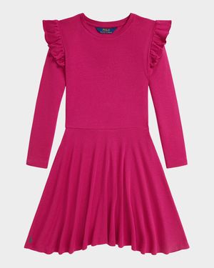 Girl's Ruffled Rib-Knit Long-Sleeve Dress, Size S-XL