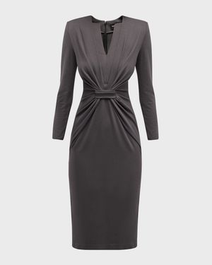 Tab-Front Gathered Jersey Sheath Dress