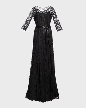 3/4-Sleeve Lace Overlay Gown