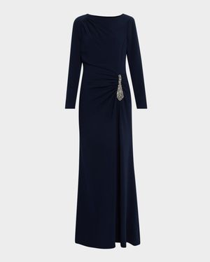 Ruched Crystal-Embellished Crepe Gown