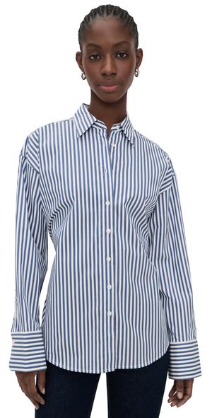 Good American Oversized Poplin Shirt with Adjustable Waist Indigo Stripe S