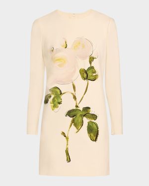 Long-Sleeve Painted Roses Wool Mini Dress