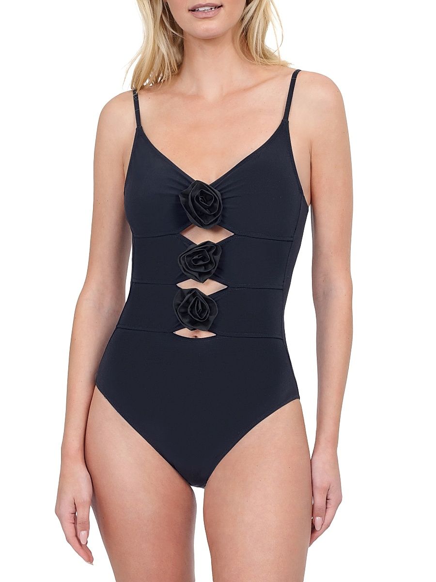 Women's Rose Bud V-Neck Lingerie Cut-Out One-Piece Swimsuit - Black - Size 16