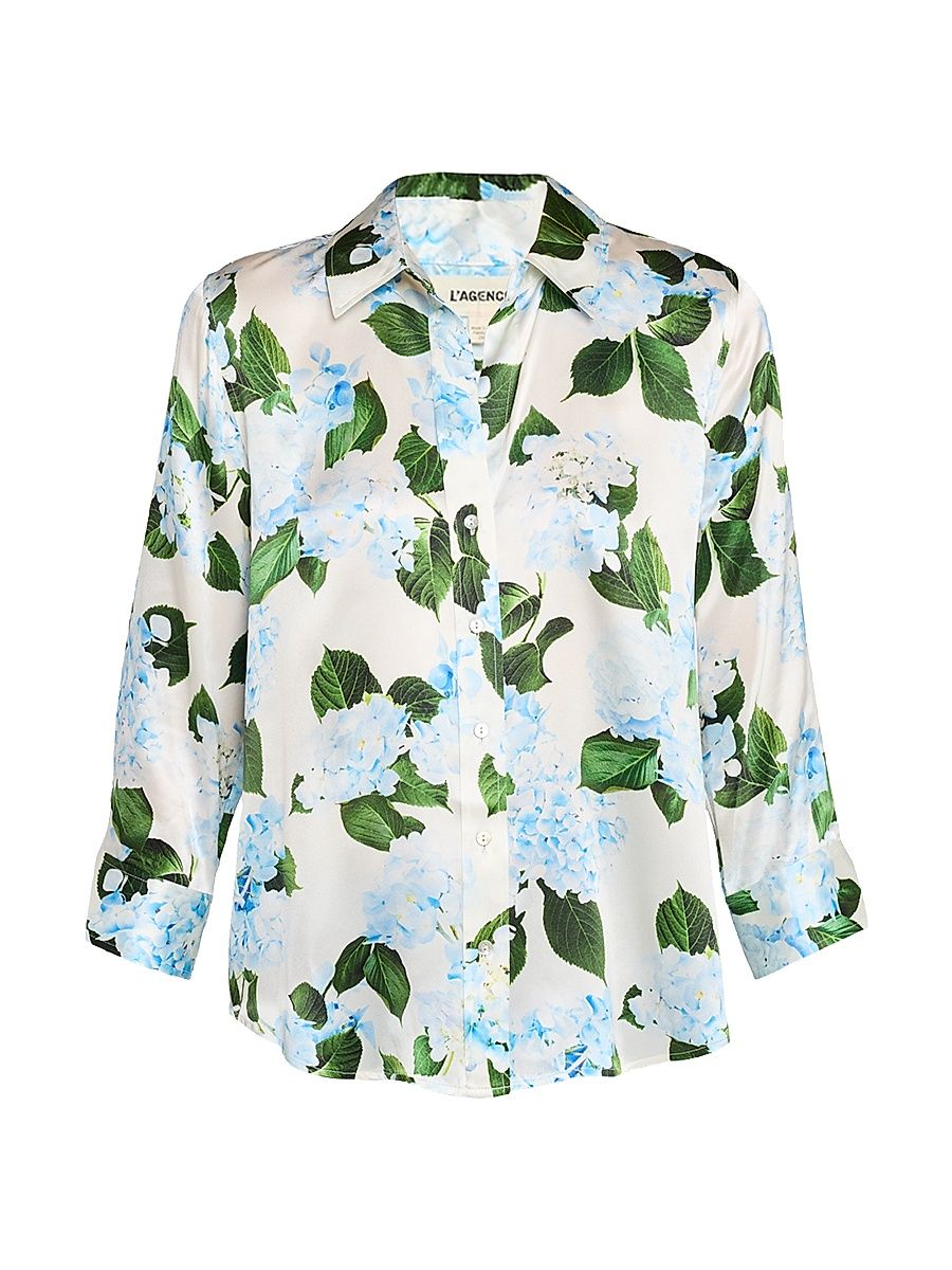Women's Dani Hydrangea Silk Blouse - White Blue - Size Medium