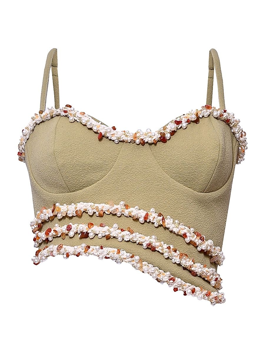 Women's Jade Asymmetric Embellished Crop Top - Green - Size XS