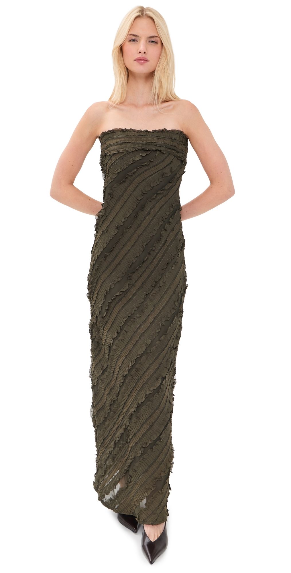endless rose Strapless Ruffled Maxi Dress Olive Brown S