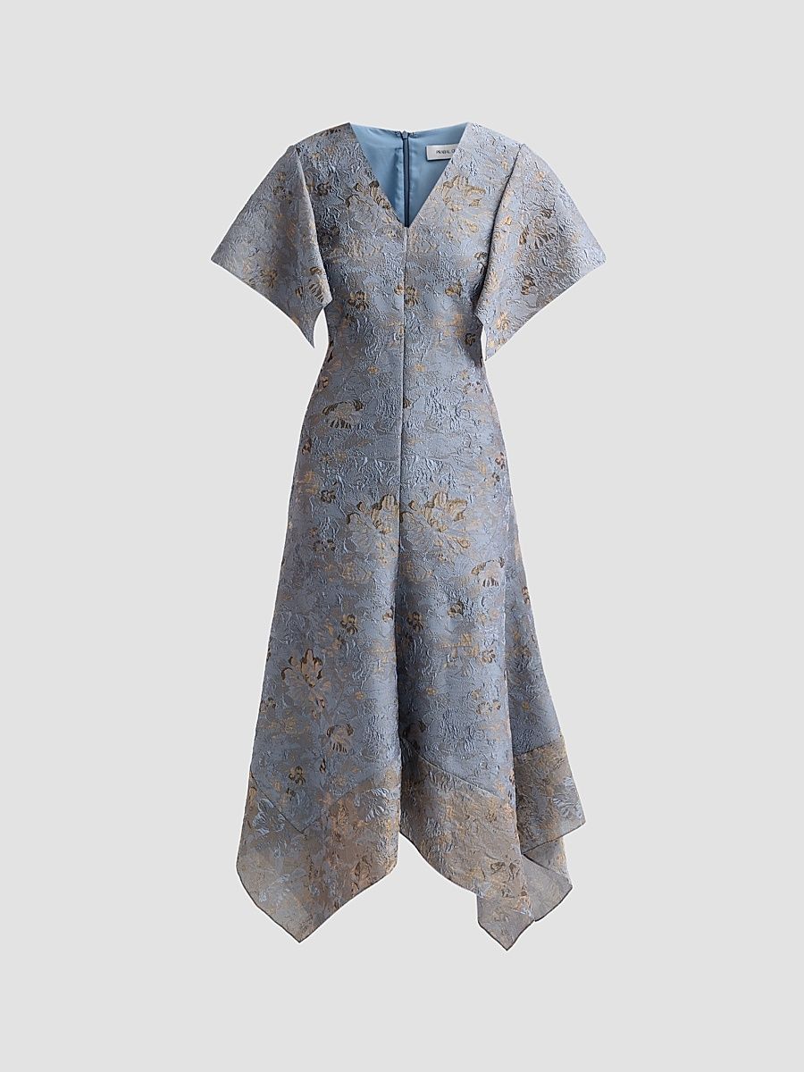 Women's Jacquard Handkerchief Hem Midi Dress - Blue Gold - Size 12