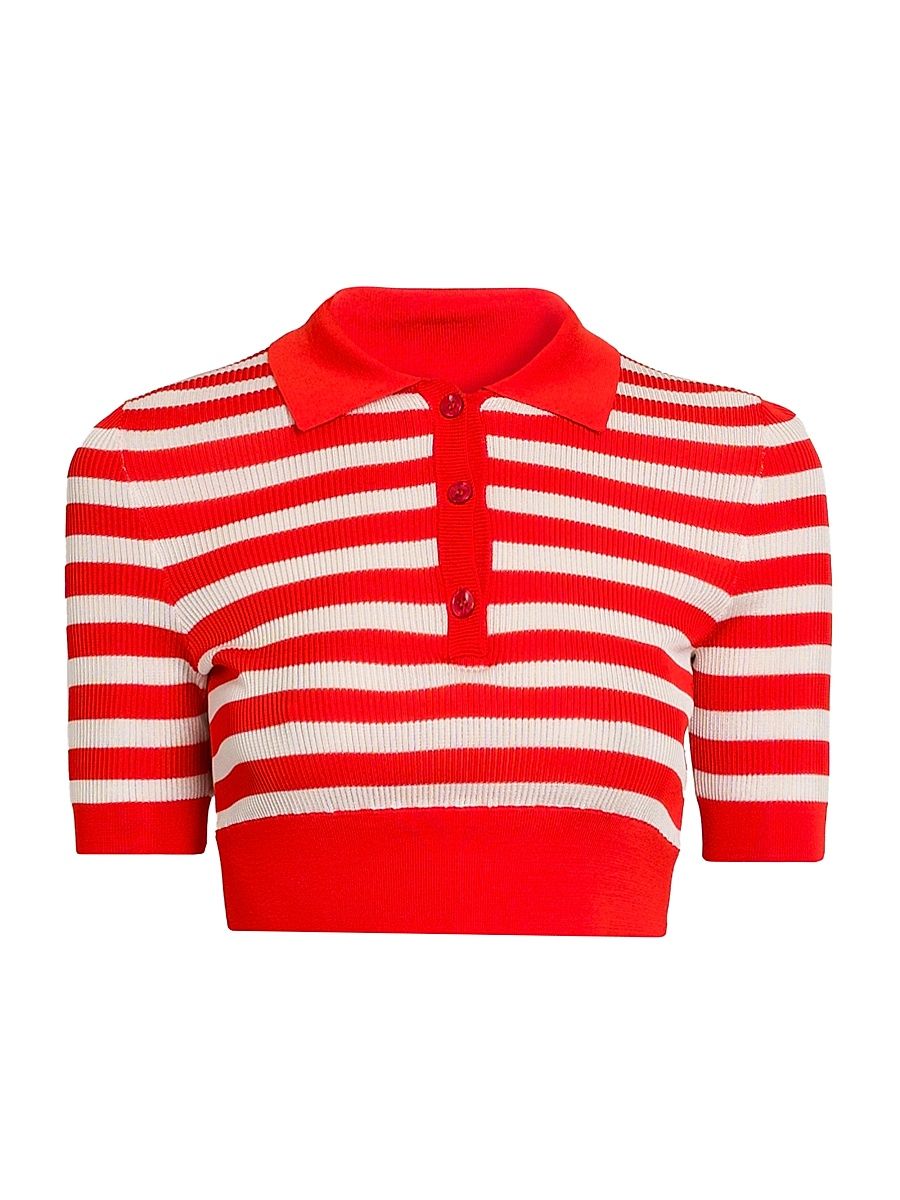 Women's Rafia Fiori Striped Knit Cropped Polo Top - White Red - Size 14