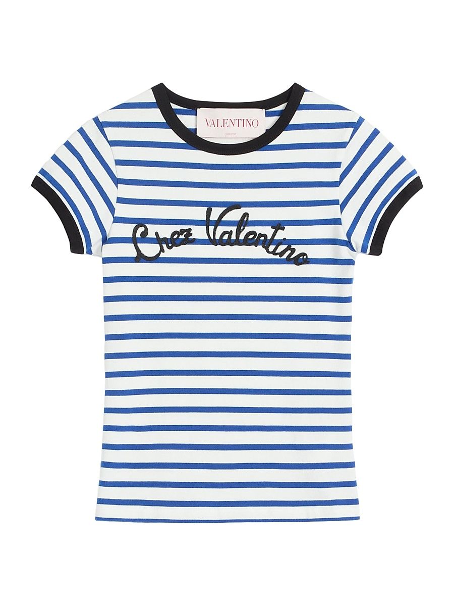 Women's Striped Jersey Cotton T-Shirt - Ivory Blue - Size XS