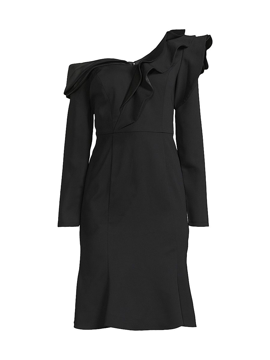 Women's Ruffle Crepe One-Shoulder Knee-Length Dress - Black - Size 16
