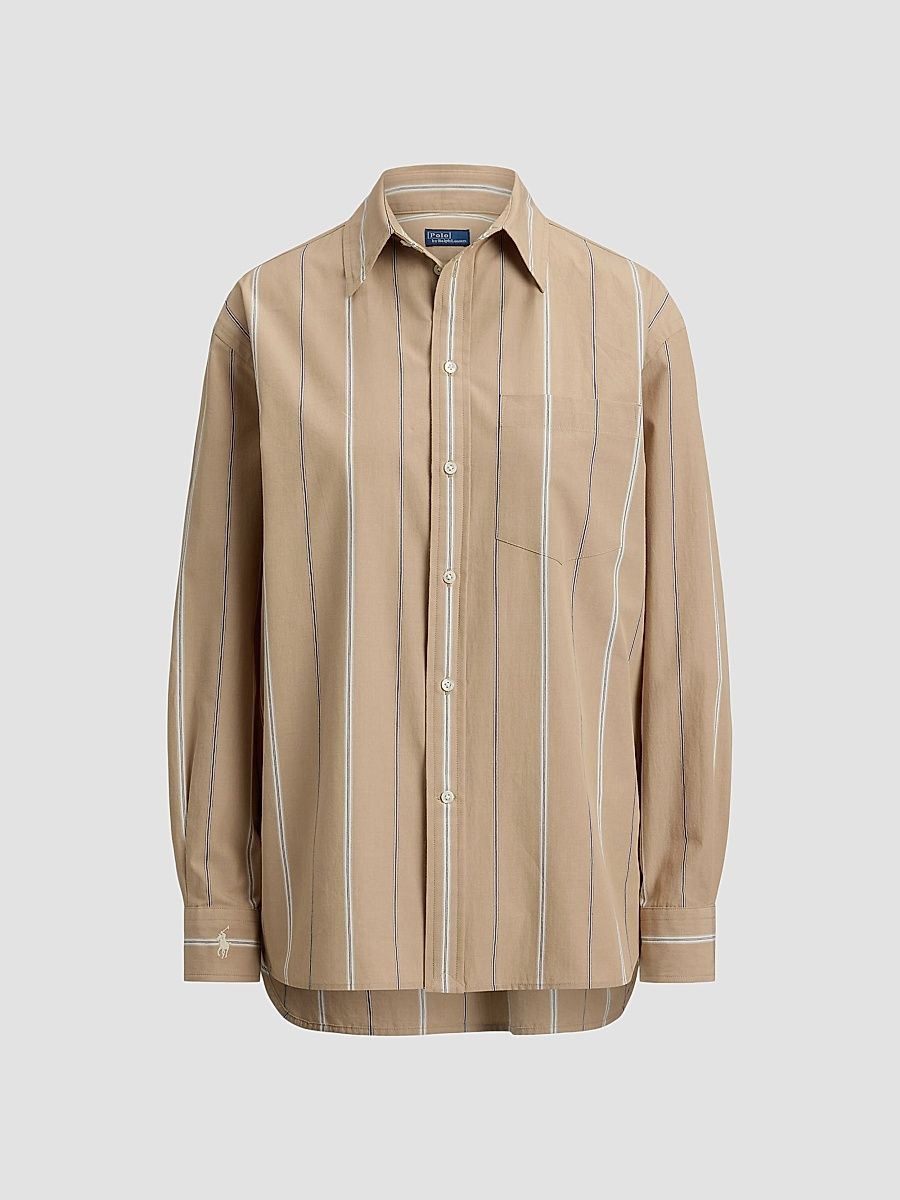 Women's Oversized Striped Cotton Button-Front Shirt - Tan Cream - Size XS