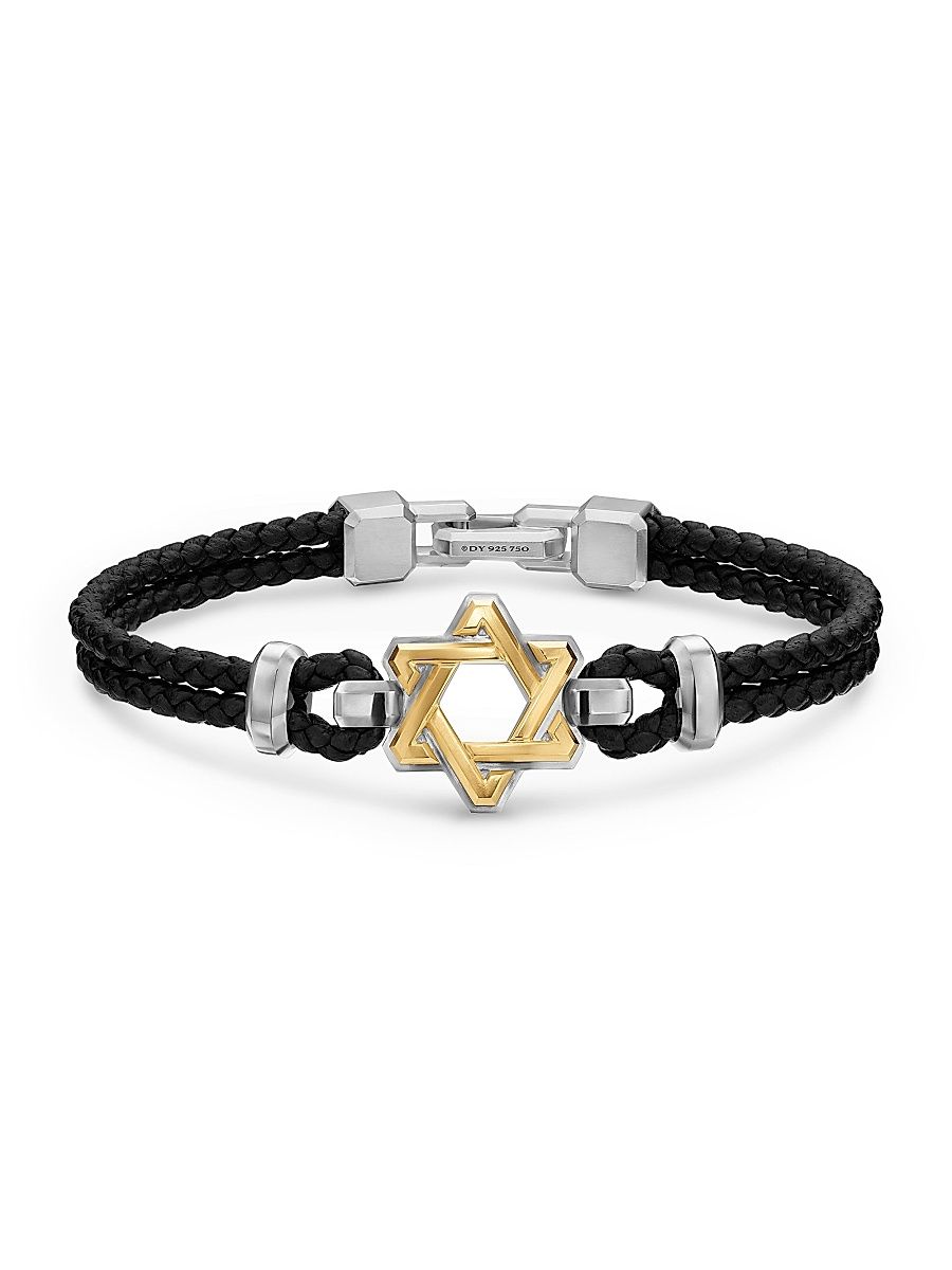 Men's Streamline Star of David Bracelet in Leather - Silver - Size Medium