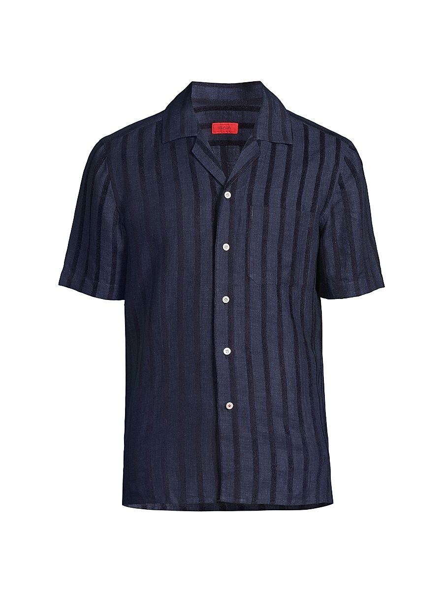 Men's Textured Wide Striped Camp Shirt - Navy - Size 17.5
