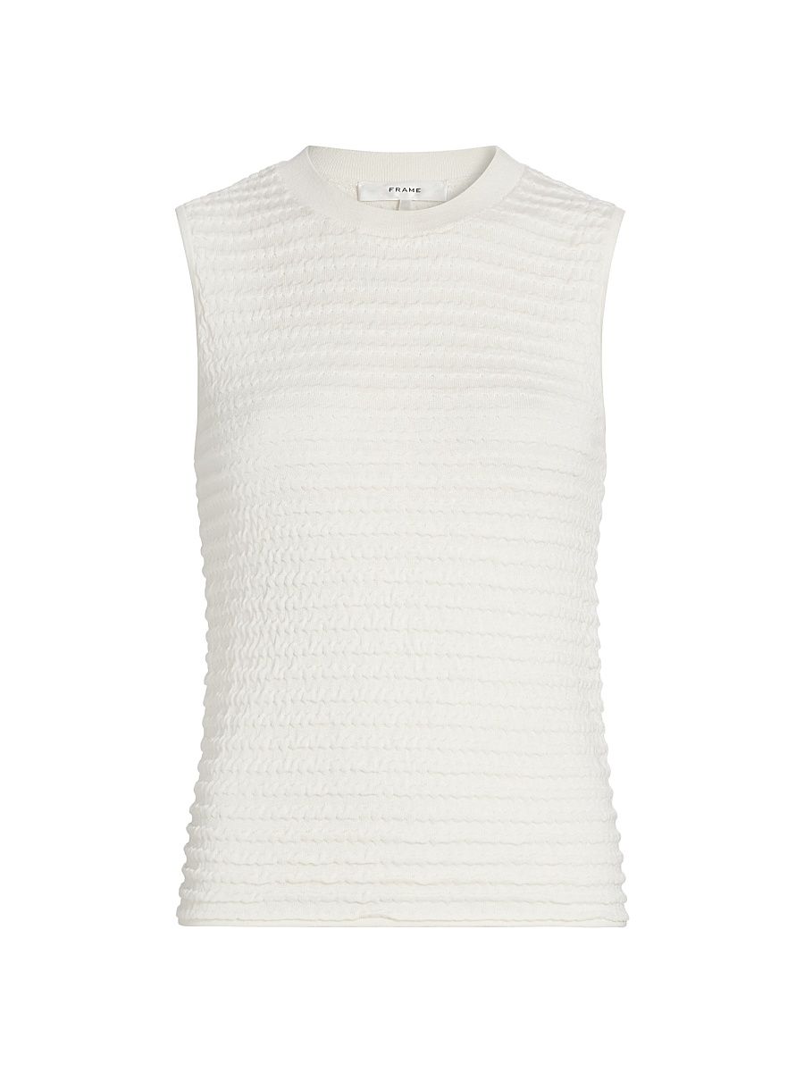 Women's Smocked Silk-Cotton Crewneck Tank - Cream - Size Small