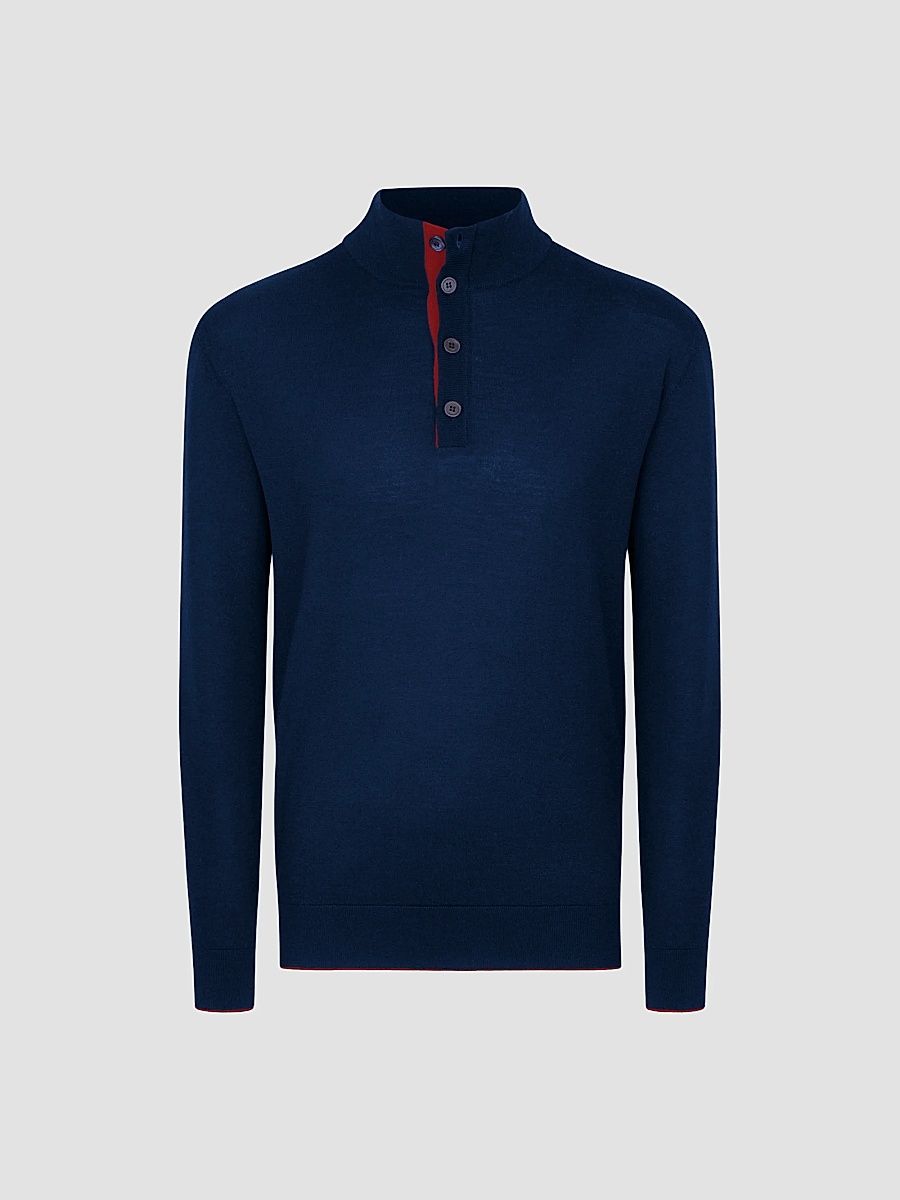 Men's Buttoned Mockneck Sweater - Blue - Size 50