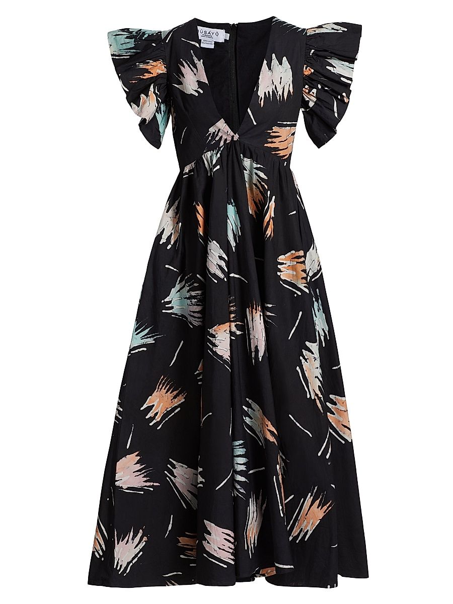 Women's Feola Printed V-Neck Flutter Midi-Dress - Black - Size XL
