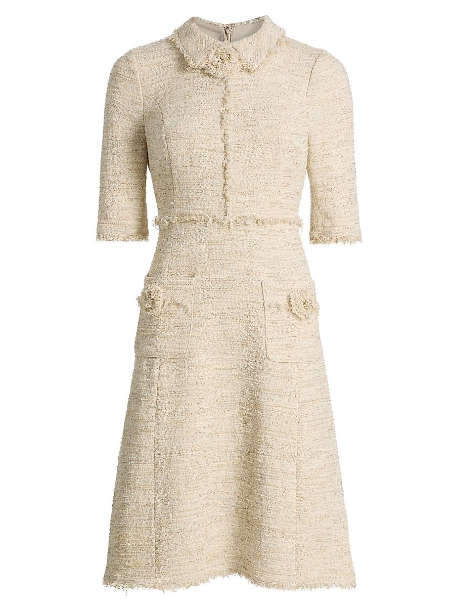 Women's Metallic Tweed Fray Knee-Length Dress - Ivory Gold - Size 18