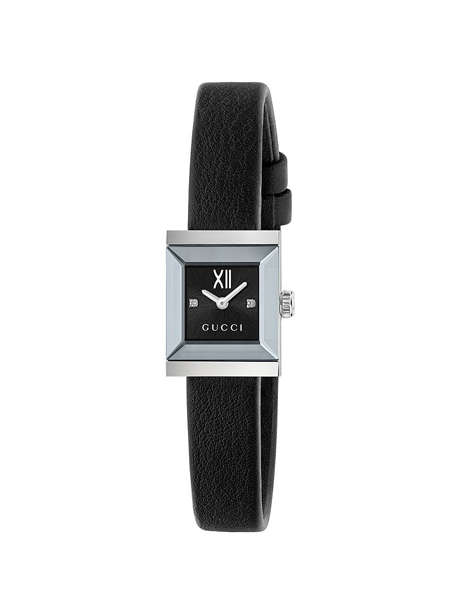 Women's G-Frame Stainless Steel, 0.008 TCW Diamond & Leather Strap Watch/14MM x 18MM - Black