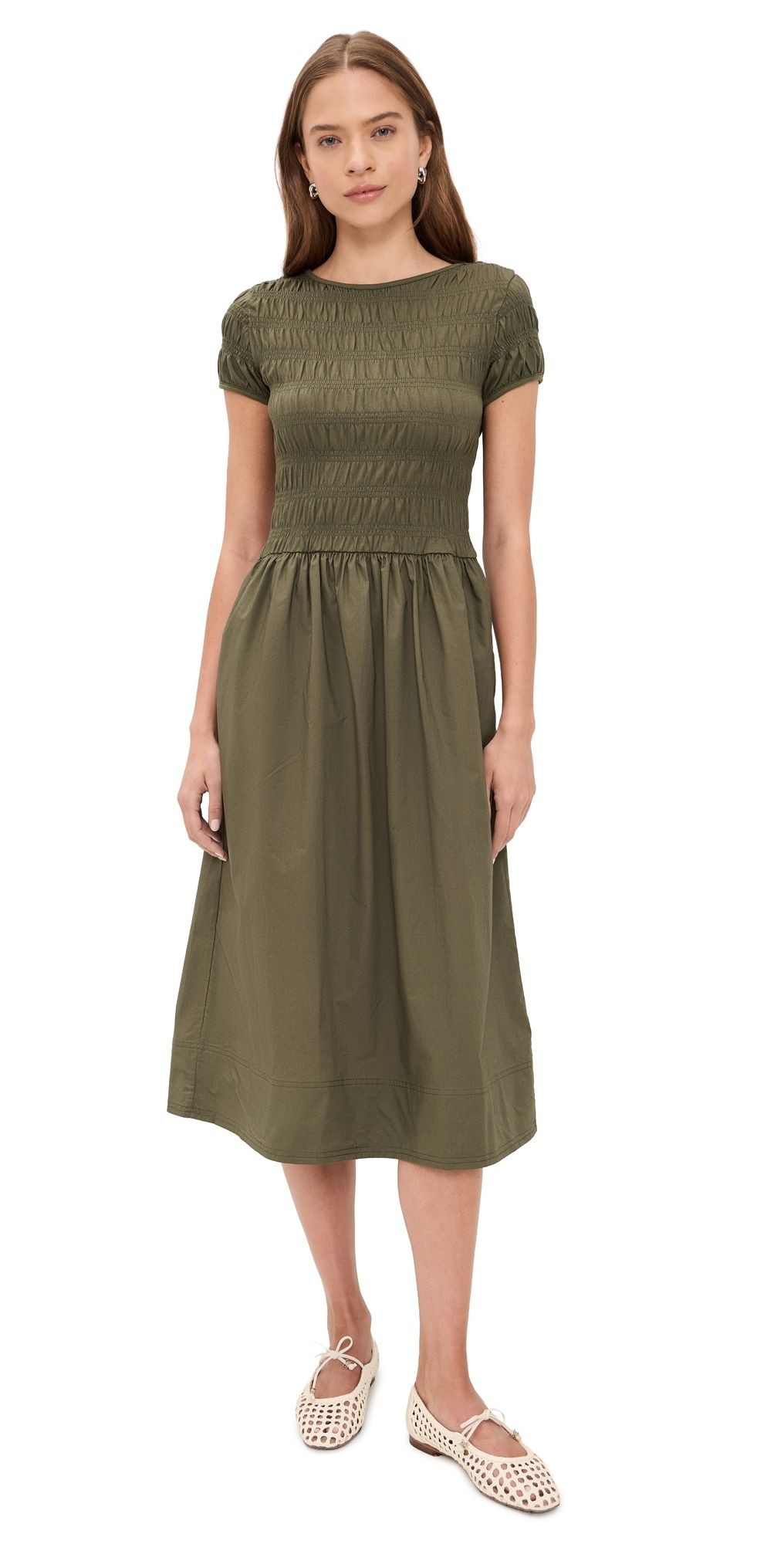 Madewell Smocked Boatneck Midi Dress Faded Ivy XS