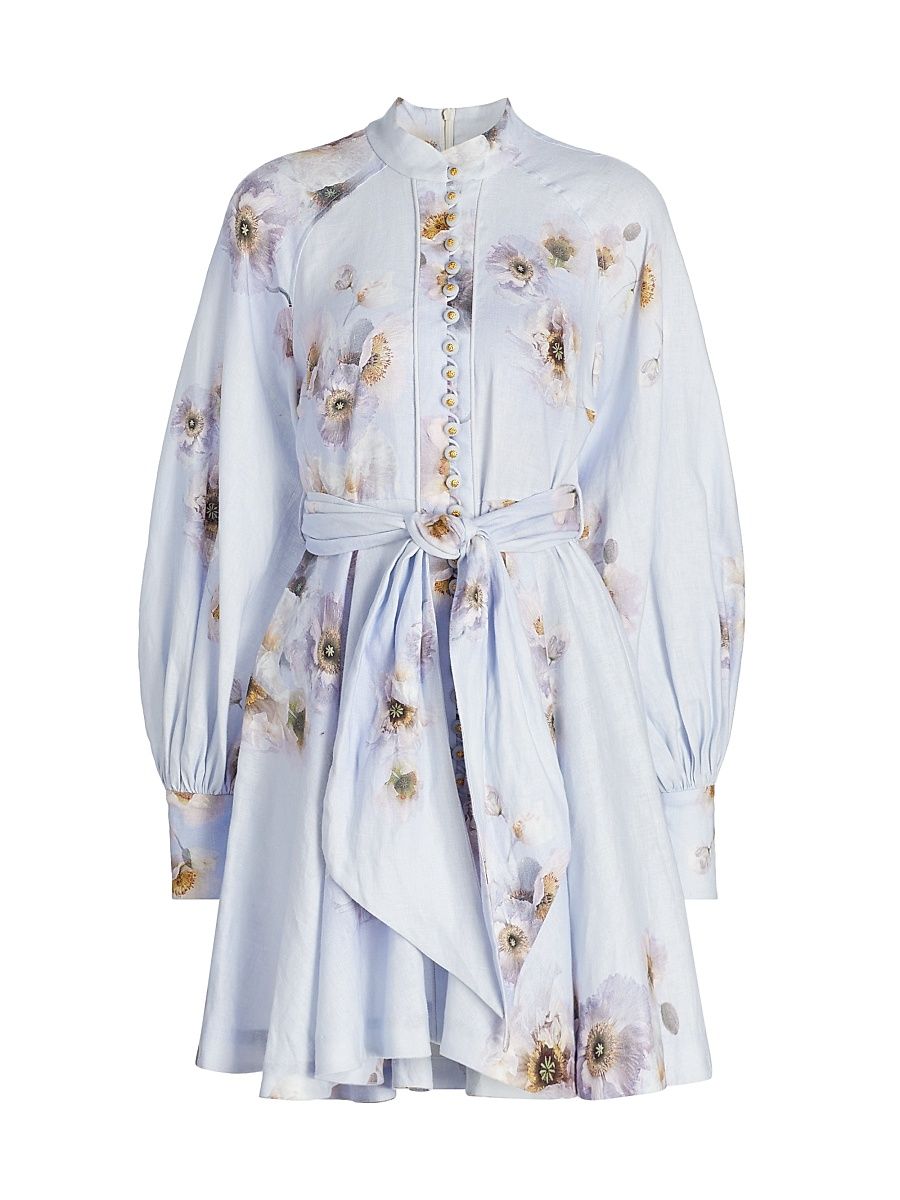 Women's Hypnotic Linen Tie-Waist Minidress - Lilac Poppy - Size 6