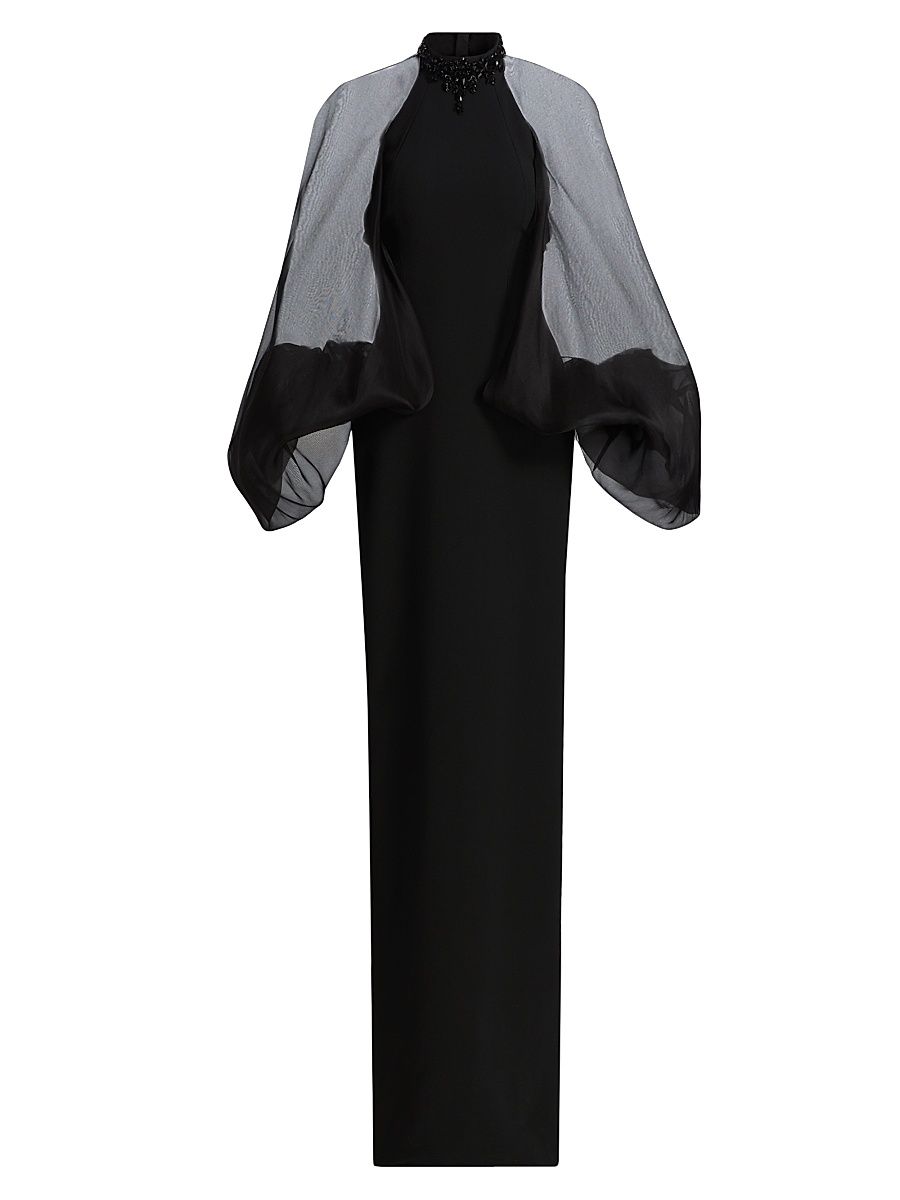 Women's Beaded Organza-Sleeve Column Gown - Black - Size 6