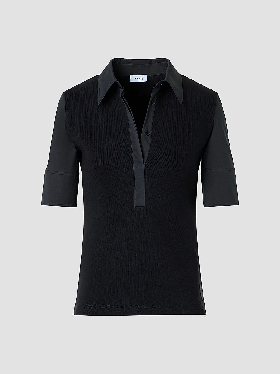 Akris punto Women's Ribbed Stretch-Jersey Polo Shirt - Black - Size 16