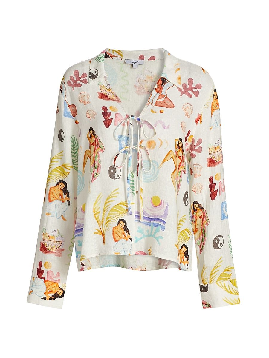 Women's Elm Printed Linen-Blend Tieneck Blouse - Ivory Bathing Ladies - Size Medium