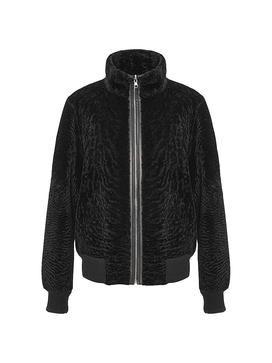 Women's Reversible Textured Shearling Lamb Bomber Jacket - Black - Size Large