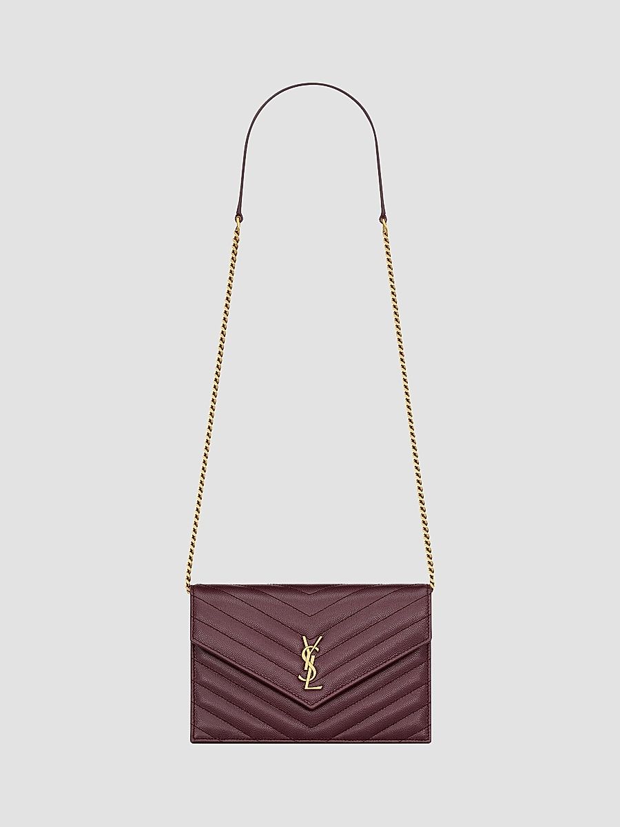 Saint Laurent Women's Cassandre Envelope Chain Wallet in Grain De Poudre Leather - Rouge Cabernet