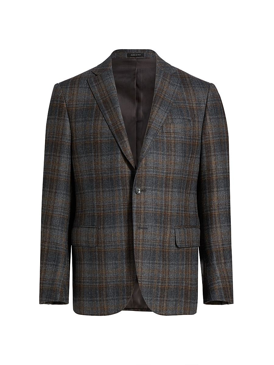Men's COLLECTION Plaid Wool Sport Coat - Brown Grey - Size 48