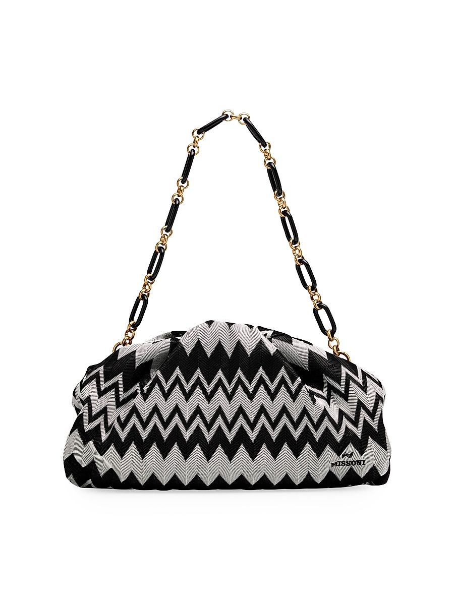 Women's Ruched Optical Wave Zigzag Raschel-Knit Pouch - Black White