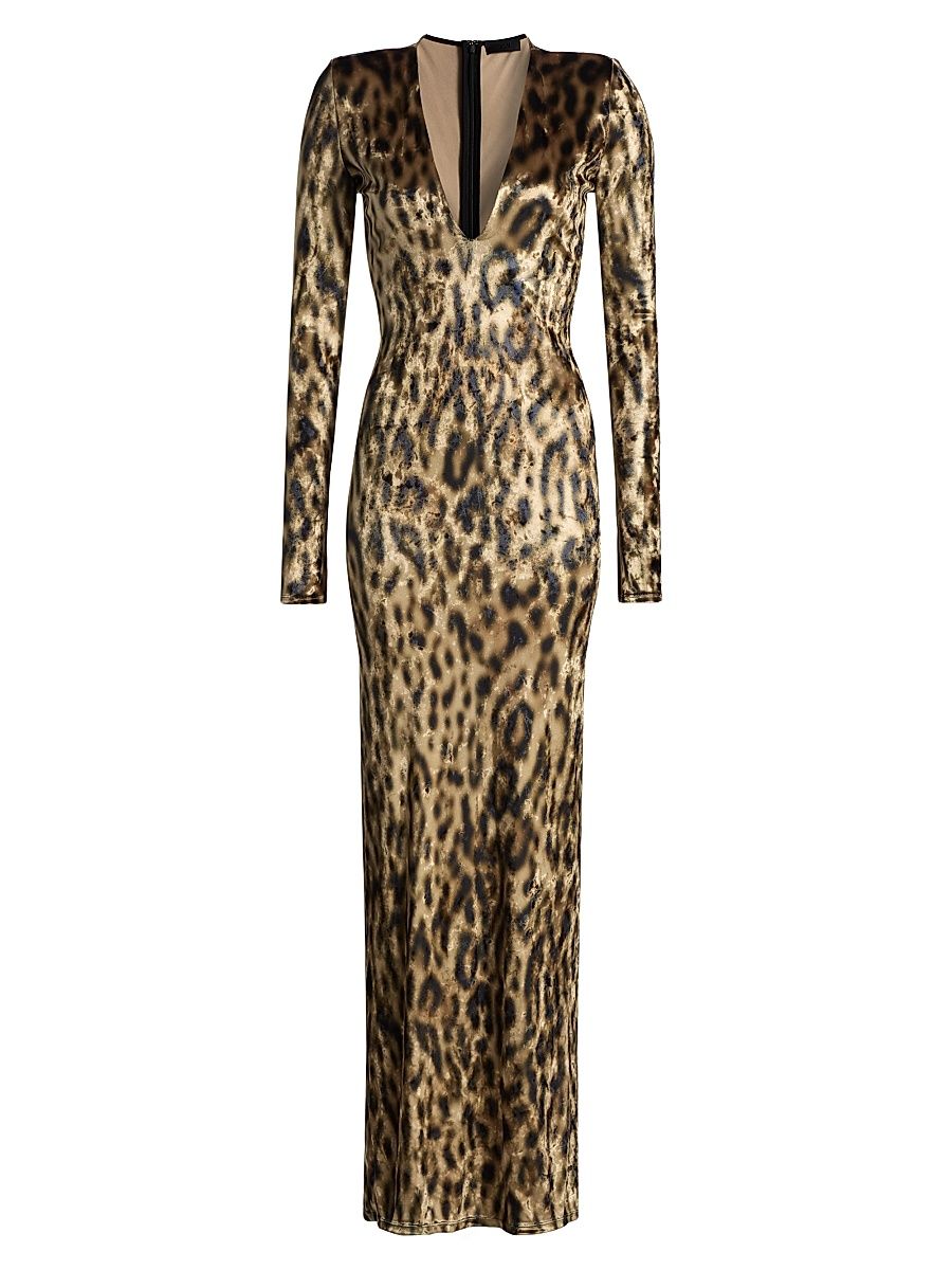 Women's Re-Edition Velvet Leopard-Print V-Neck Gown - Leopard - Size XL