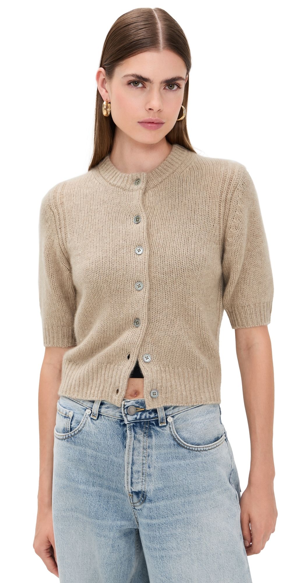 White & Warren Cashmere Elbow Sleeve Cardigan Taupe Heather M