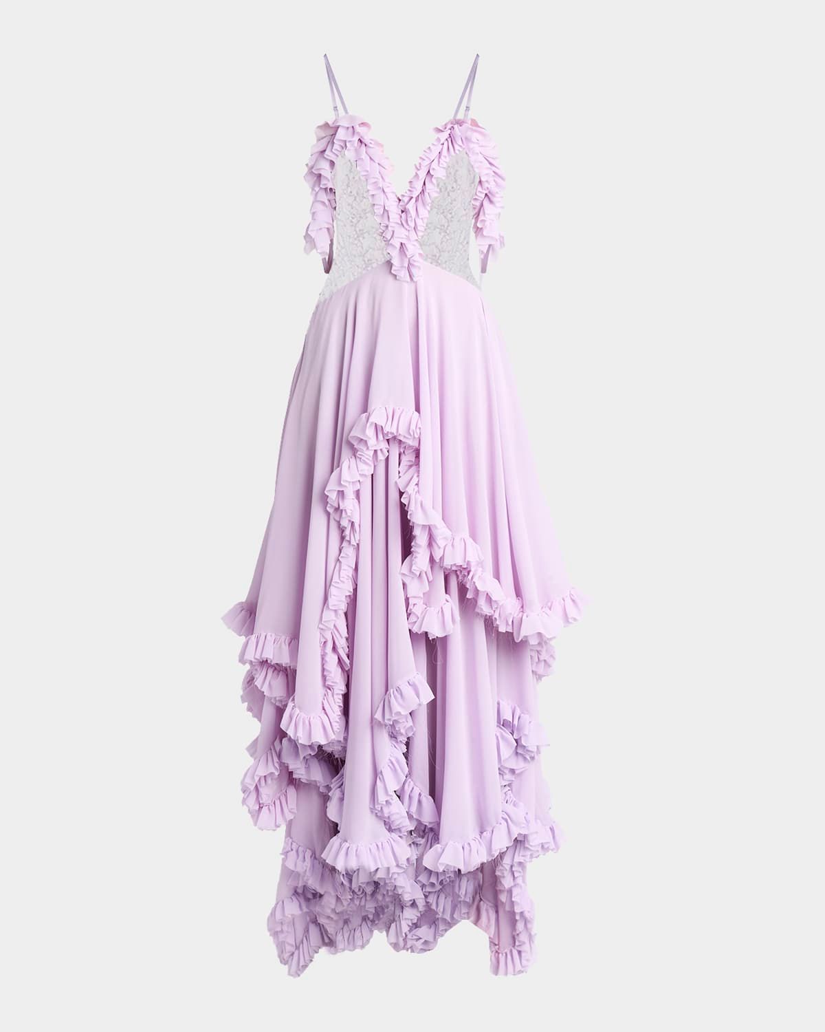 Lace-Inset Tiered Ruffle Chiffon Evening Dress