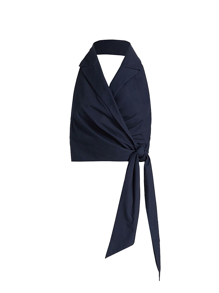 Women's Halterneck Cotton Wrap Top - Navy - Size 14