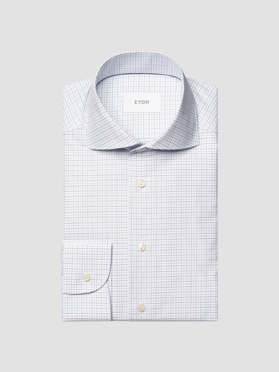Eton Men's Cotton Check Shirt - Light Blue - Size 14.5