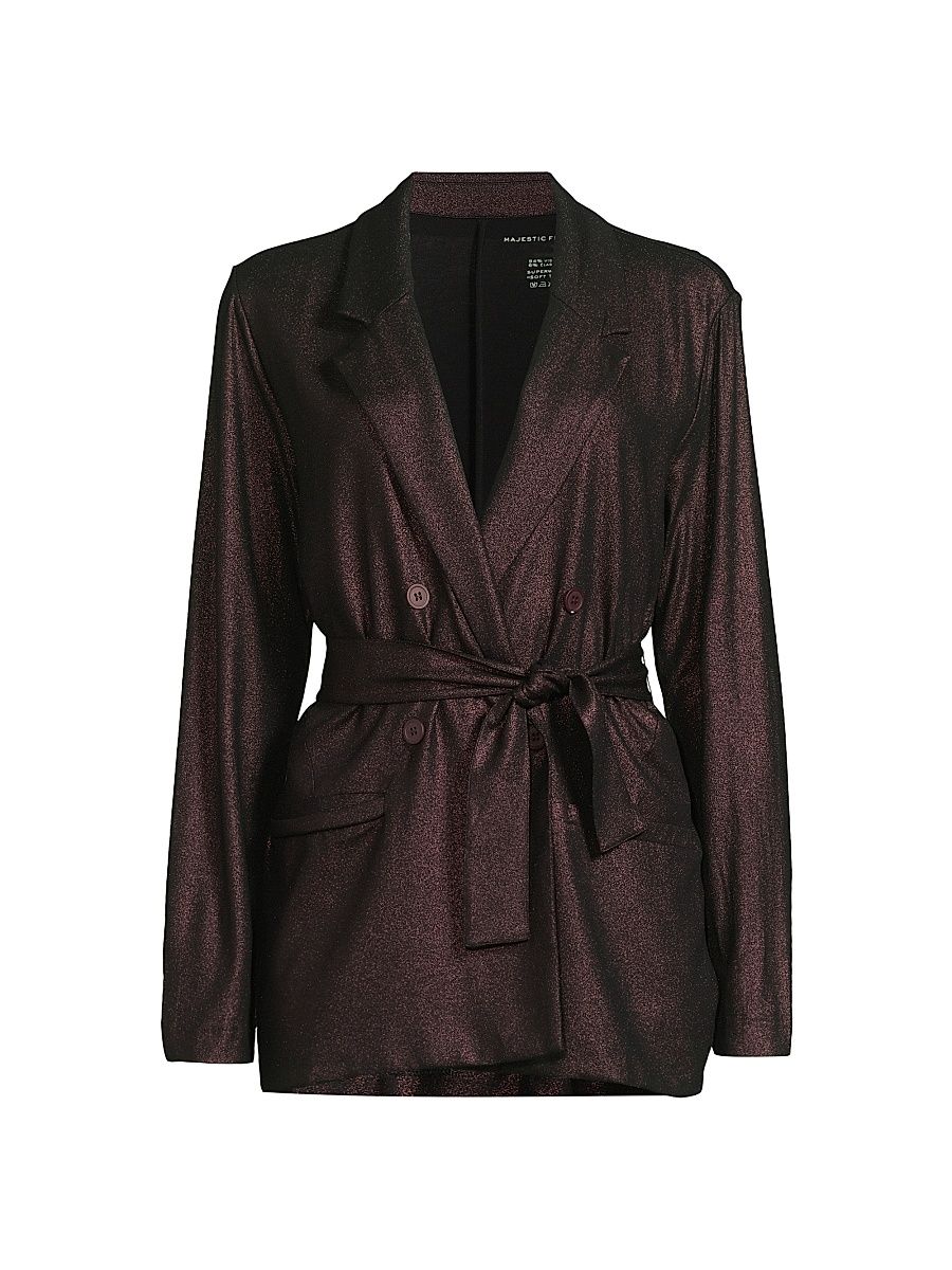 Women's Metallic Soft Tie-Waist Double-Breasted Blazer - Noir - Size XS