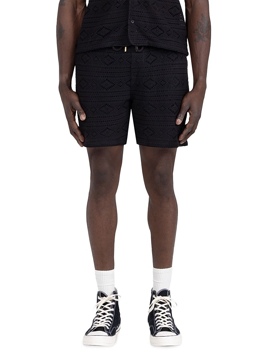 Men's Pointelle-Knit Crocheted Drawstring Shorts - Black - Size Large