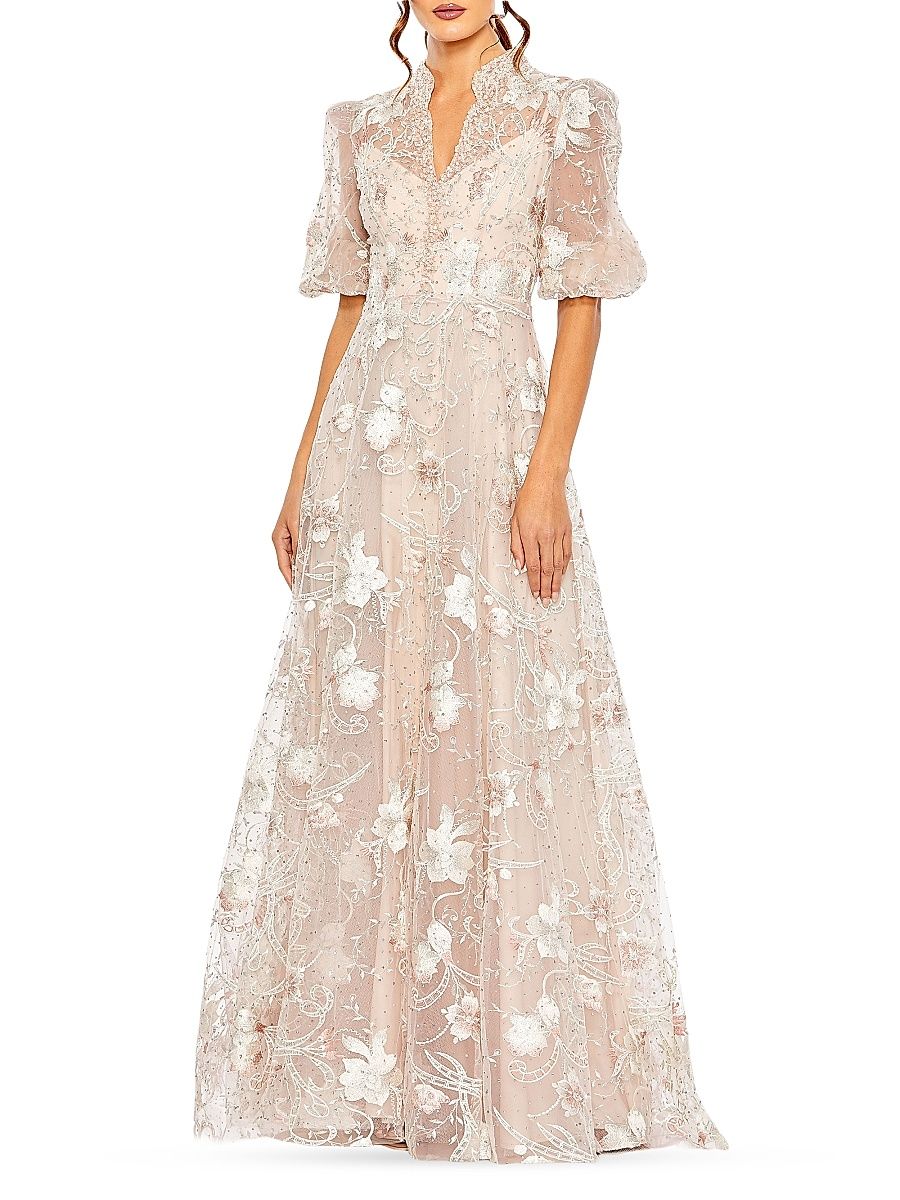 Women's Petite Floral Embroidered A-Line V-Neck Gown - Blush - Size Petite 12