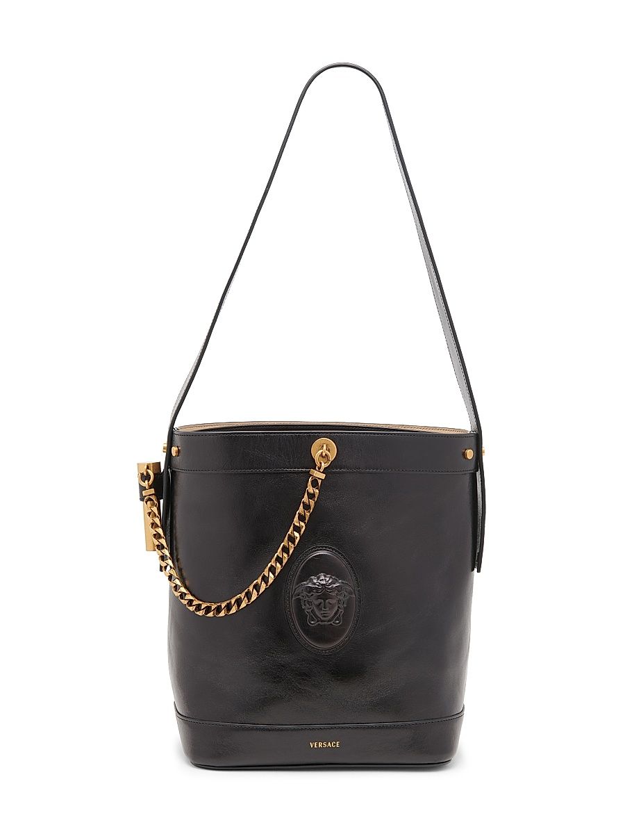 Women's Small Logo Leather Bucket Bag - Black Gold