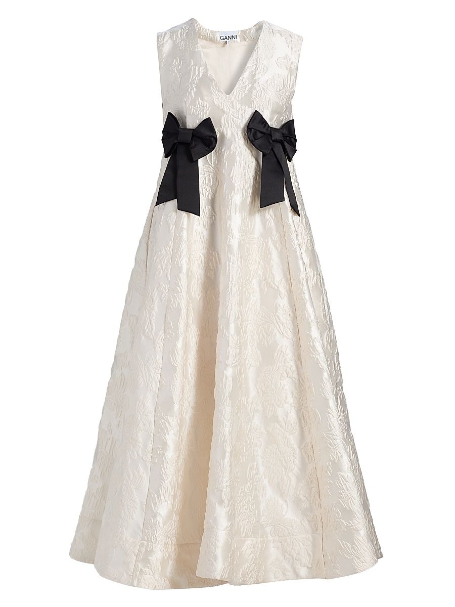 Women's Floral Satin Cloqué A-Line Midi-Dress - Egret - Size 10