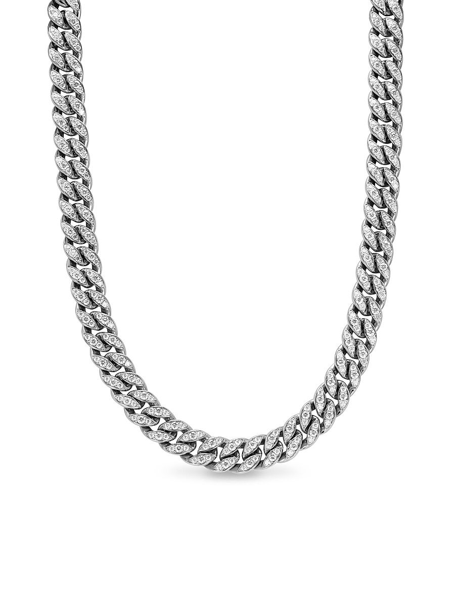 Women's Curb Chain Necklace in Sterling Silver - Diamond - Size 17.5