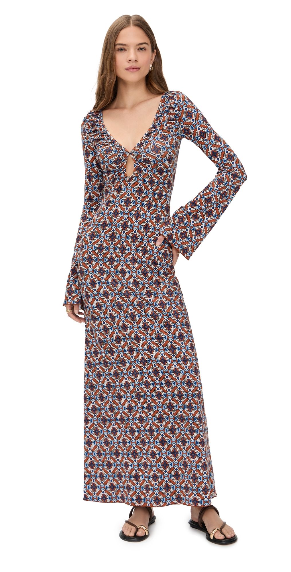 Eywasouls Malibu Diana Bell Sleeve Dress Sienna Tile L