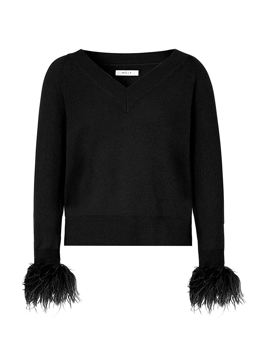 Women's Feather-Embellished V-Neck Sweater - Black - Size Large
